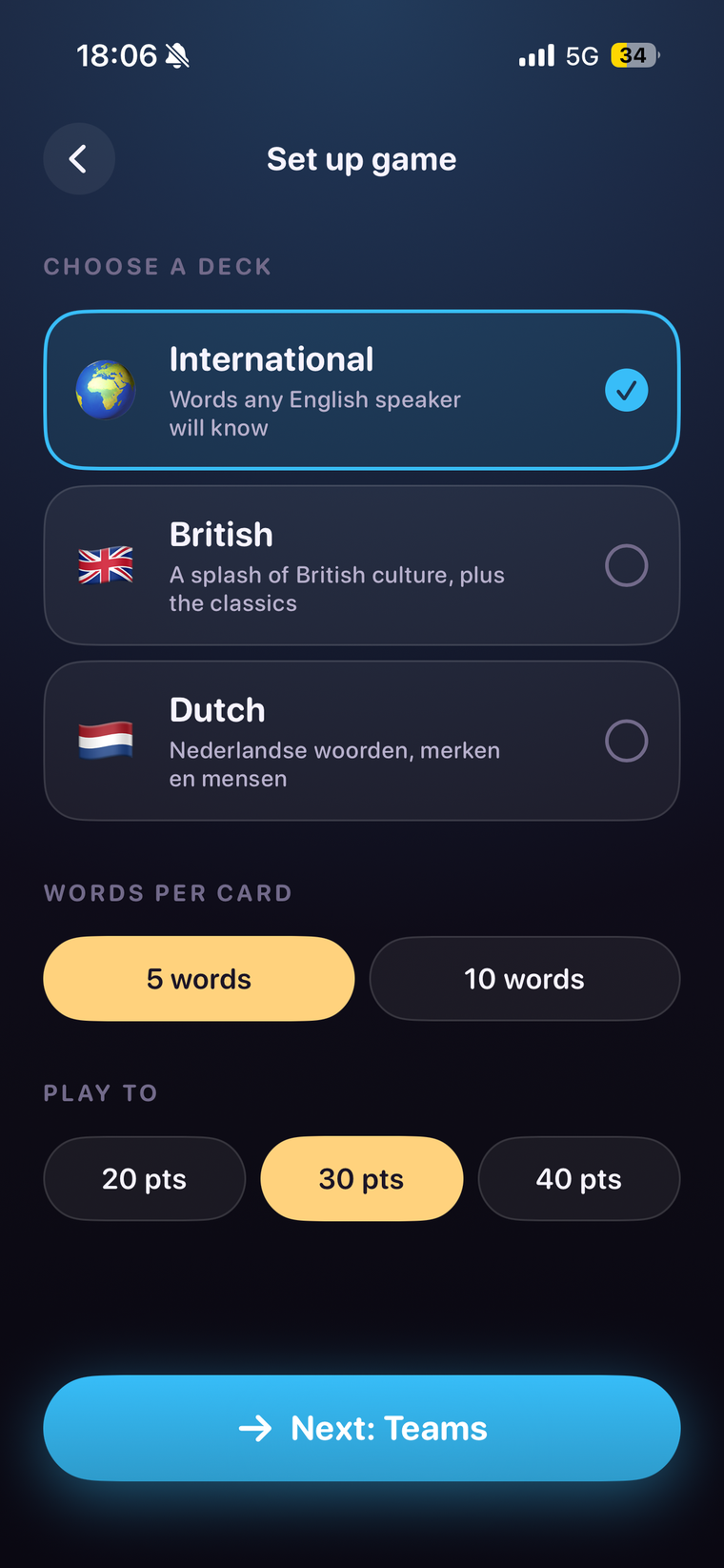 Choosing a deck and game settings